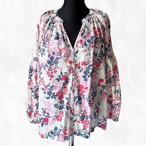 Gap Floral Peasant Blouse Women's M Pink Red Blue White V-Neck Pullover Top